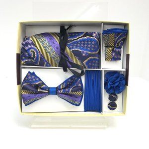 St. Patrick Men's 6 Piece Tie Bow Tie Hanky Floral Lapel Pin Set Blue Lavender